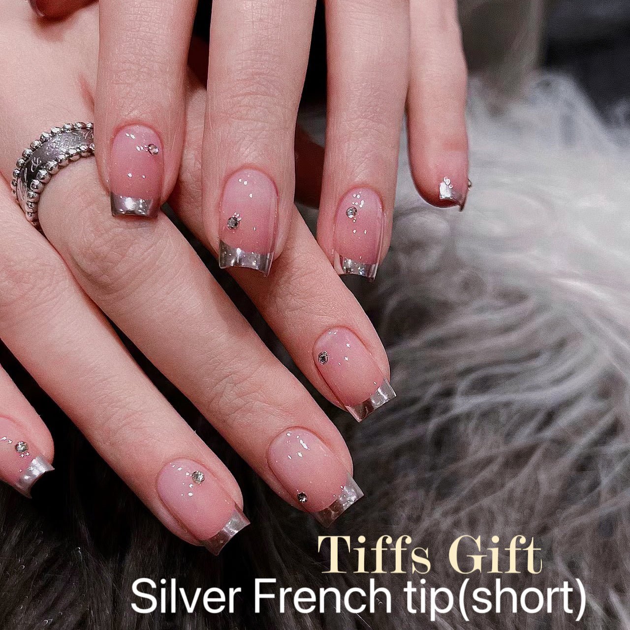 Silver French tip (short) Reusable Hand Made Press On Nails - TiffsGift