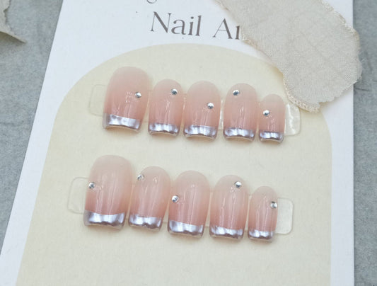 Silver French tip (short) Reusable Hand Made Press On Nails - TiffsGift