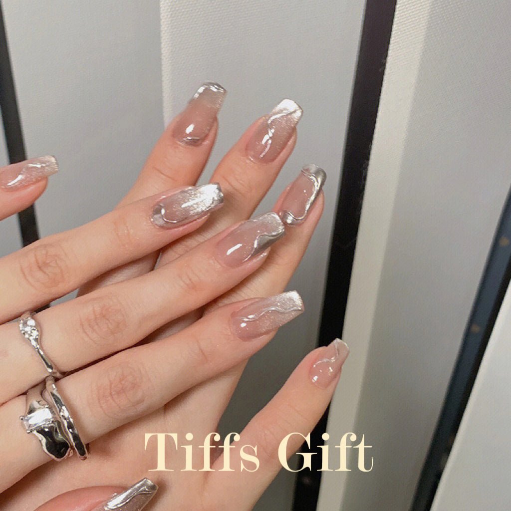 Silver french tip stripe(medium length) - TiffsGift