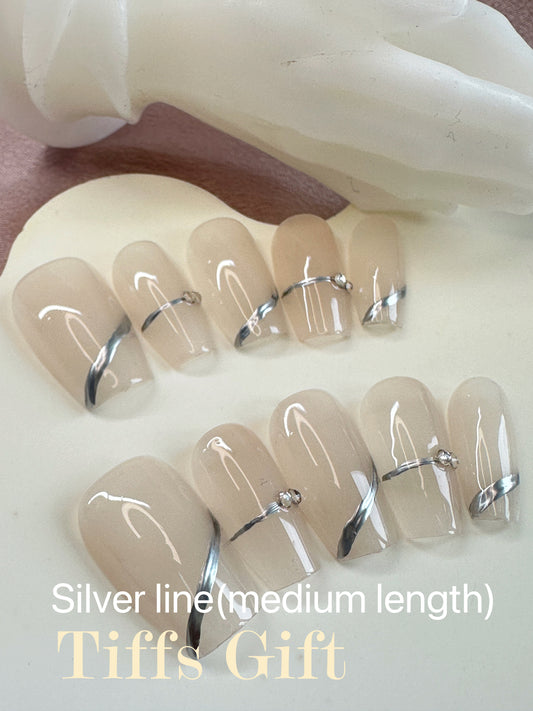 Silver line( medium length) Reusable Hand Made Press On Nails - TiffsGift
