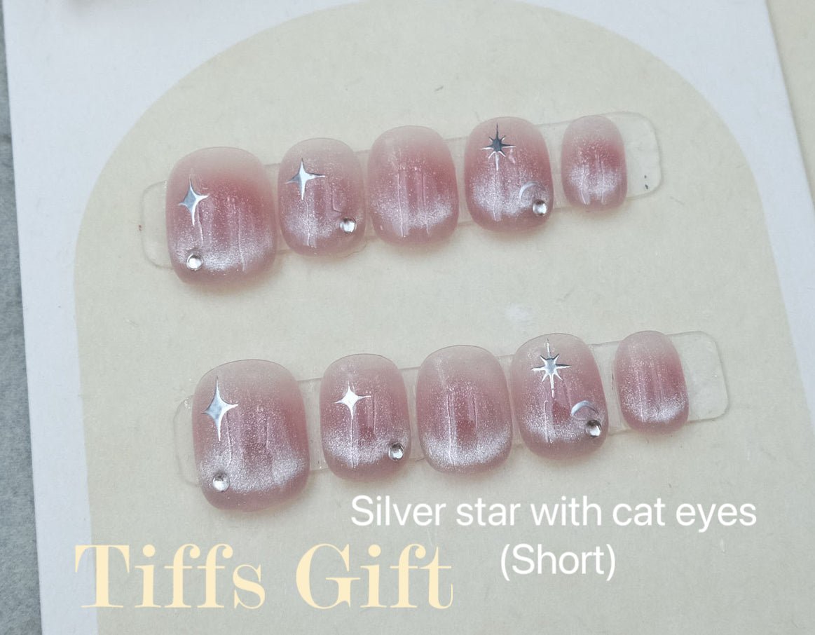 Silver start with cat eye(short) Reusable Hand Made Press On Nails - TiffsGift