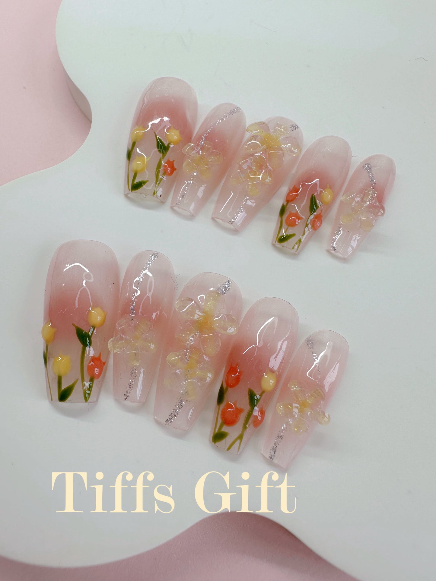 Summer garden (long) Reusable Hand Made Press On Nails - TiffsGift