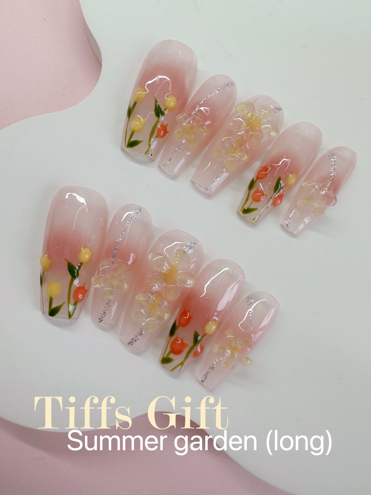 Summer garden (long) Reusable Hand Made Press On Nails - TiffsGift