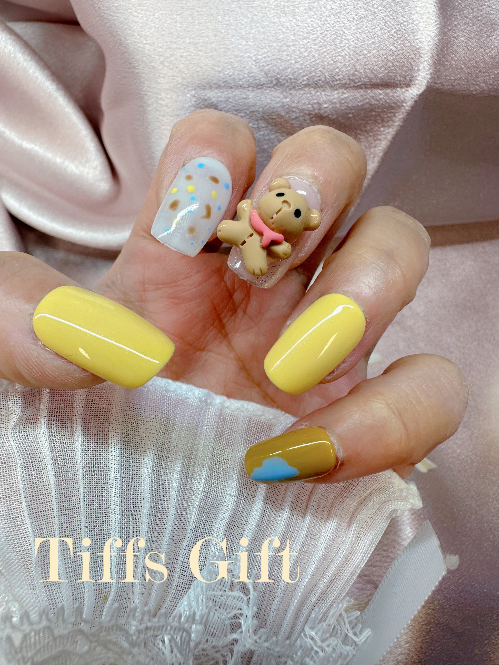 Yellow bear( medium length) Reusable Hand Made Press On Nails - TiffsGift