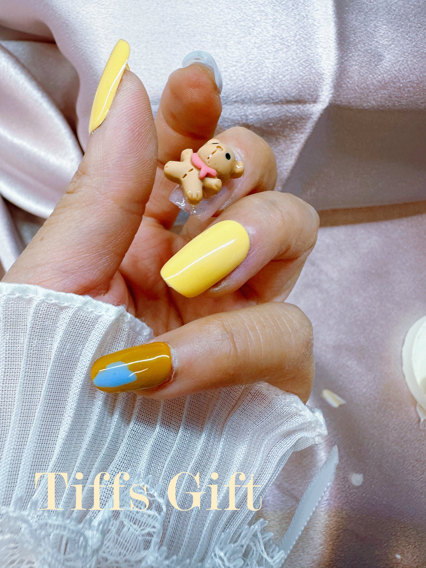 Yellow bear( medium length) Reusable Hand Made Press On Nails - TiffsGift