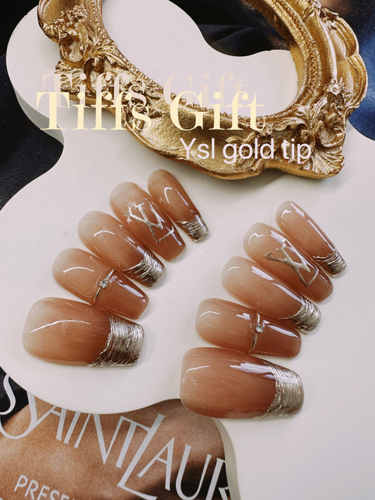 Ysl gold tip(long) Reusable Hand Made Press On Nails - TiffsGift